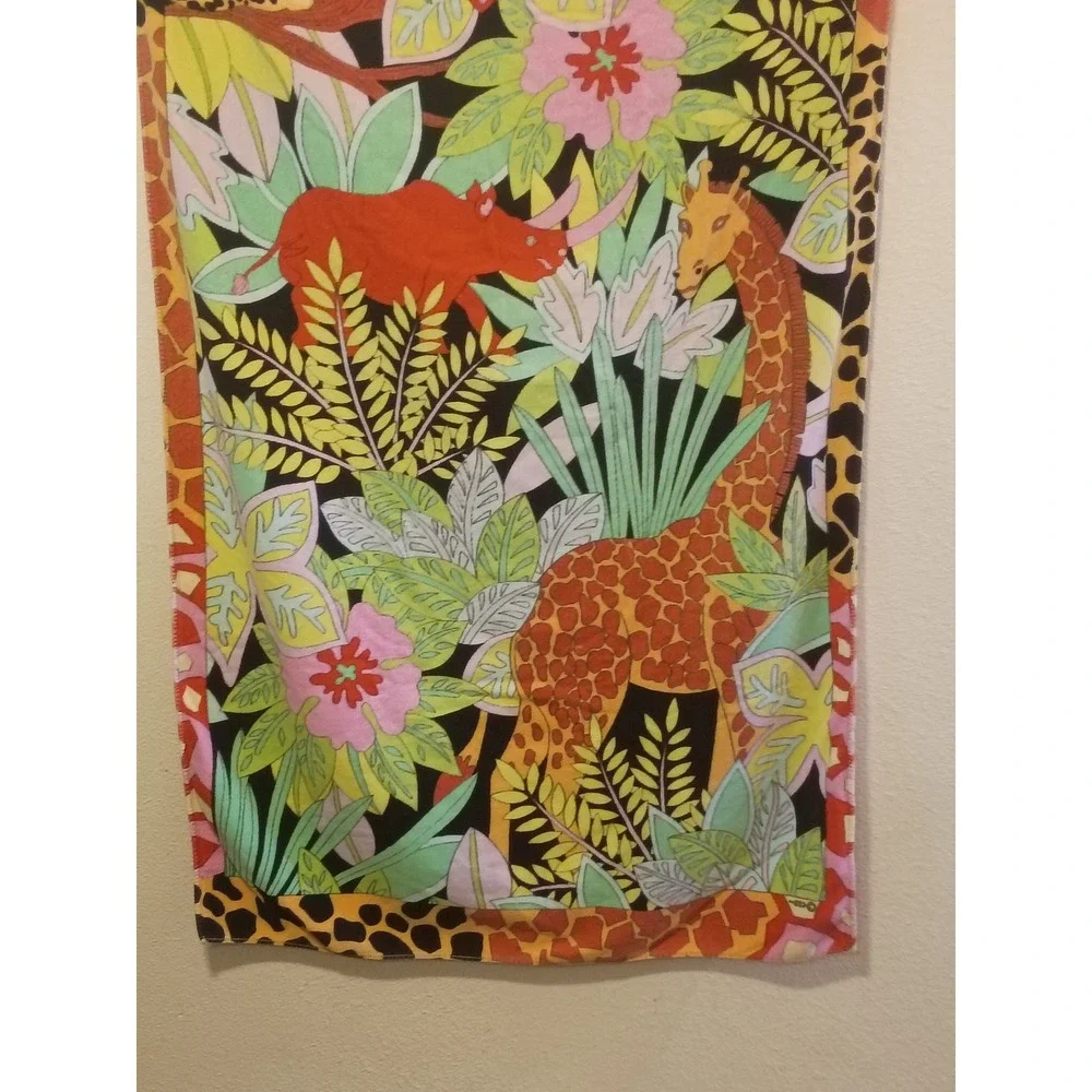 Vintage Jungle Animal Beach Towel Safari Giraffe Leopard Rhino Tropical 36x61